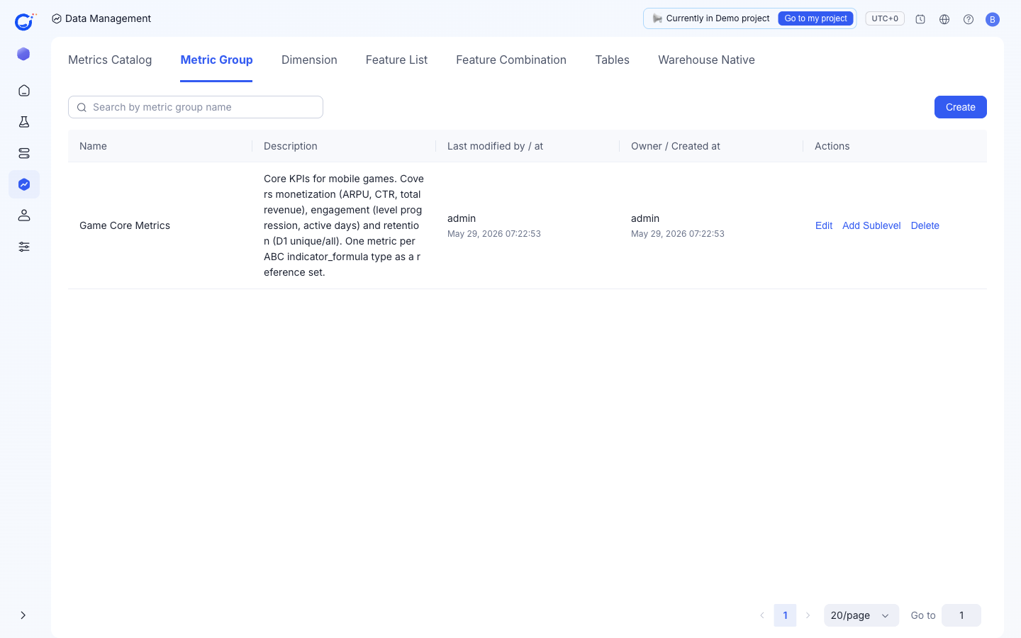 Metric Group list with the Game Core Metrics group and its description