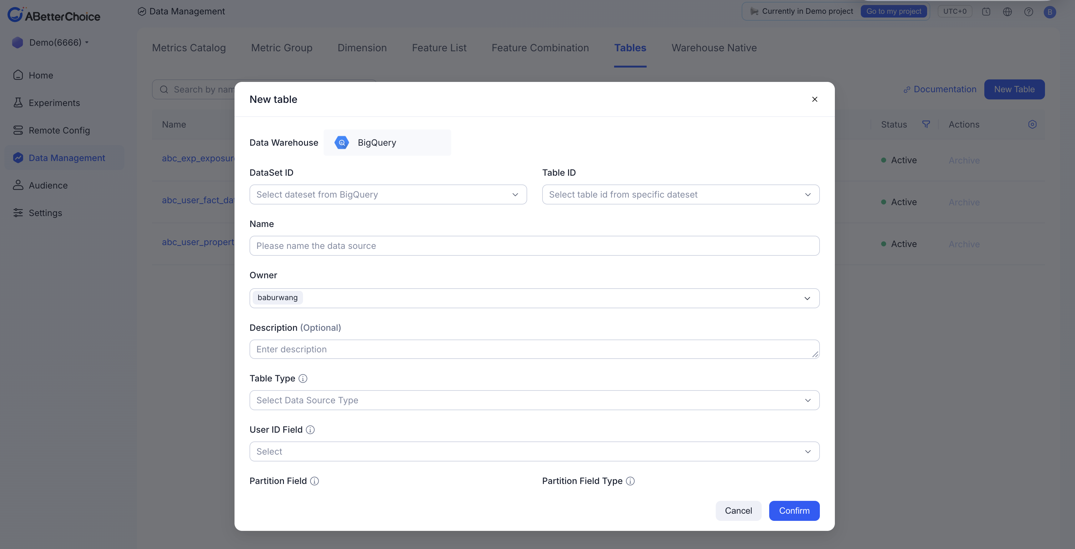 New table dialog with the shared fields visible