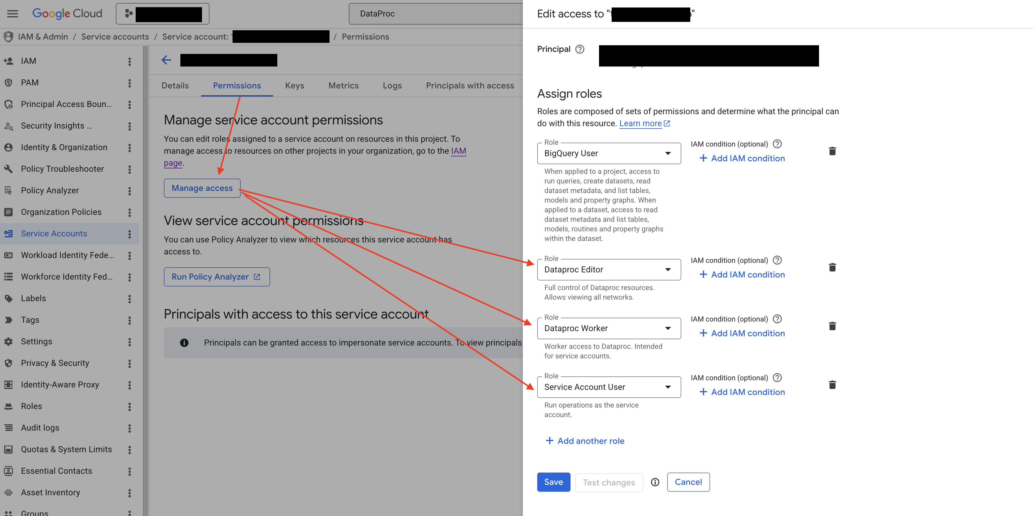 Grant the Dataproc Editor, Dataproc Worker, and Service Account User roles