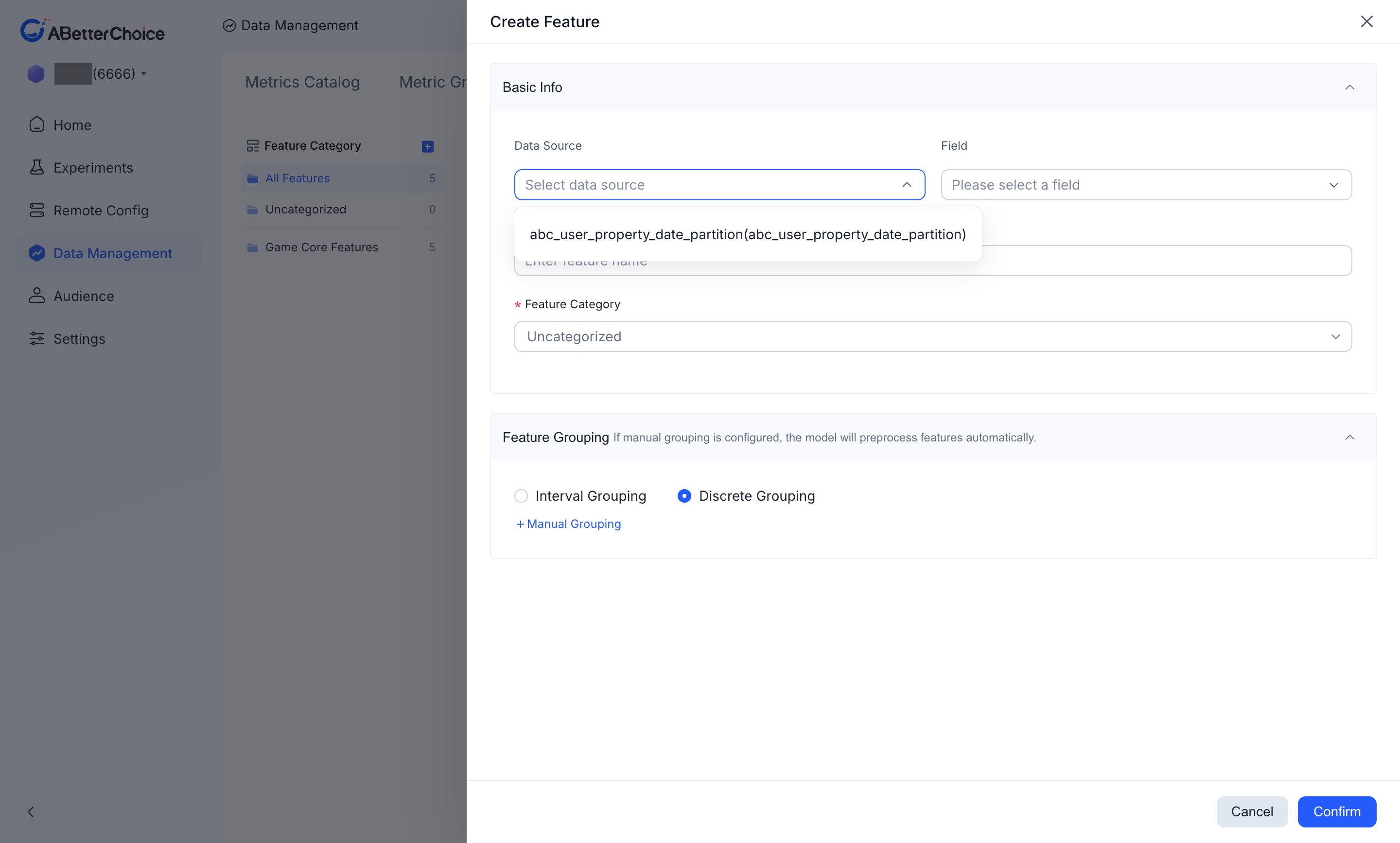 Create Feature dialog with Data Source, Field, Feature Name, Feature Category and Feature Grouping