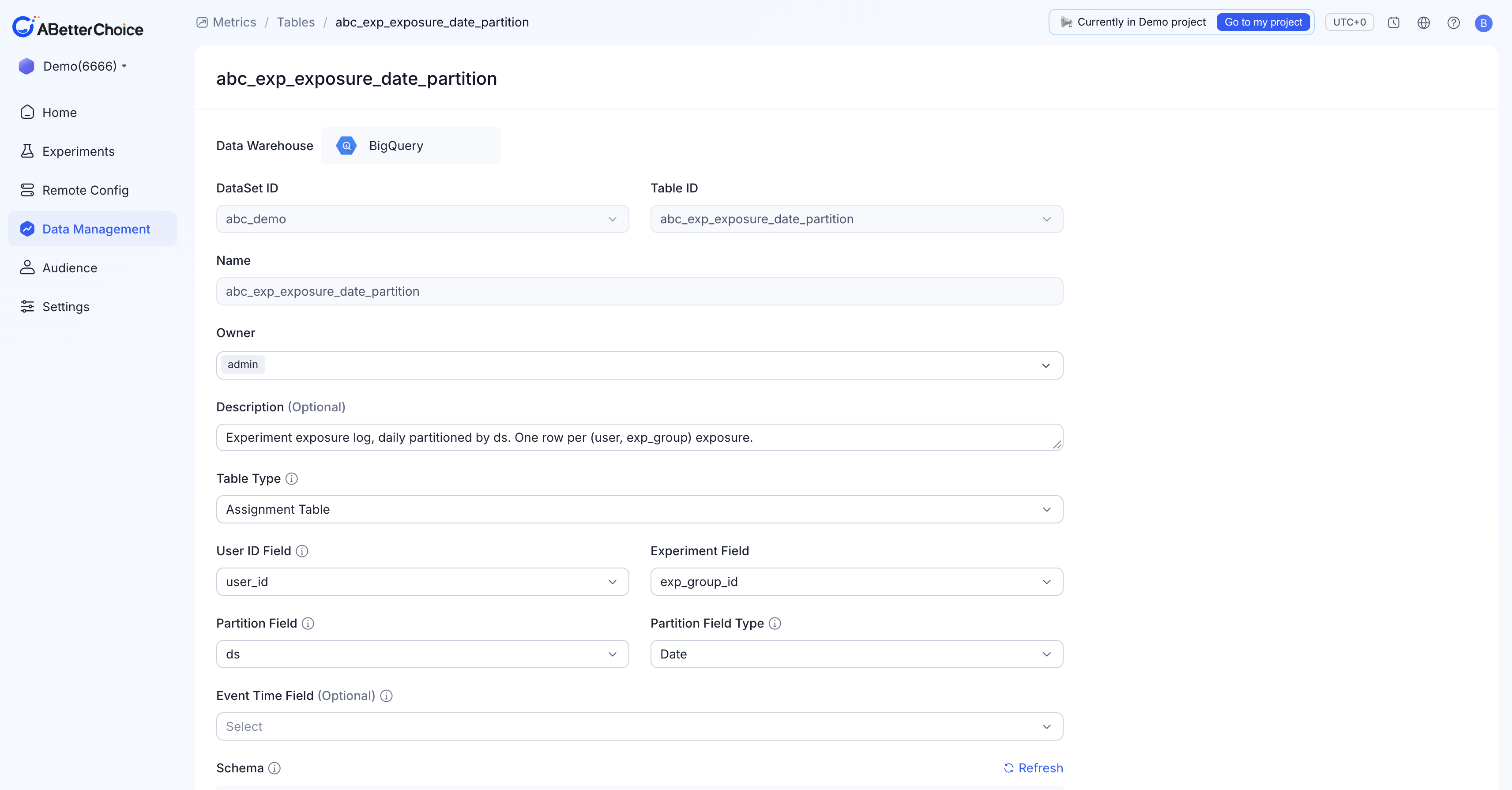 Assignment Table detail page showing Experiment Field, Partition Field, and Partition Field Type