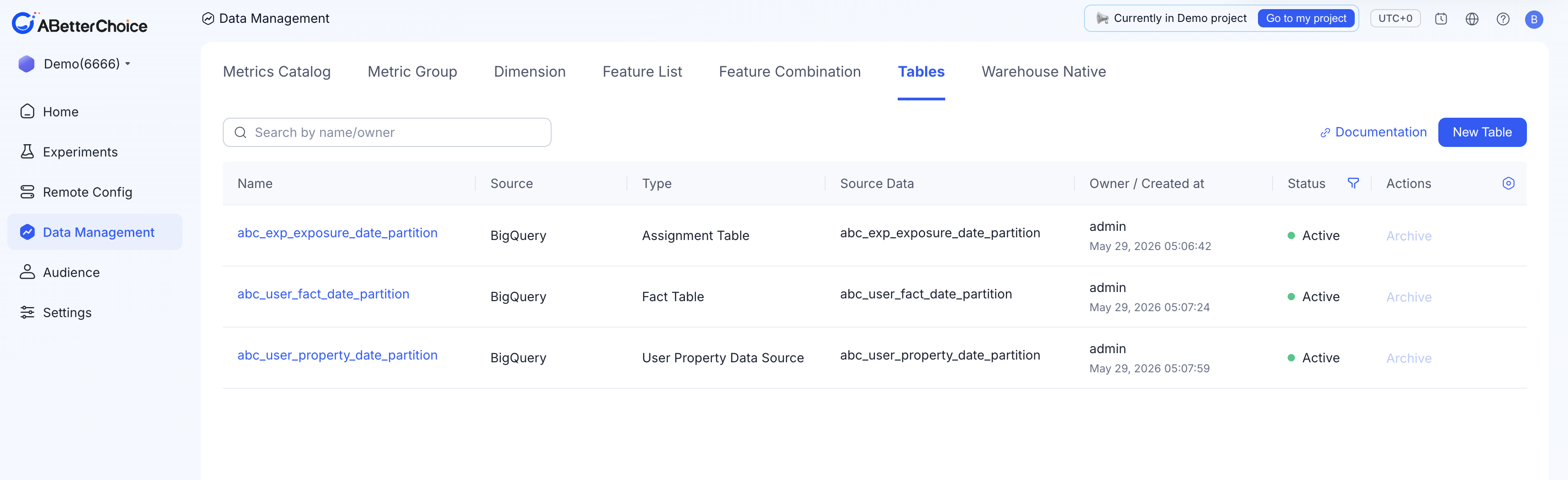 Data Management → Tables list with one Assignment Table, one Fact Table, and one User Property Table registered