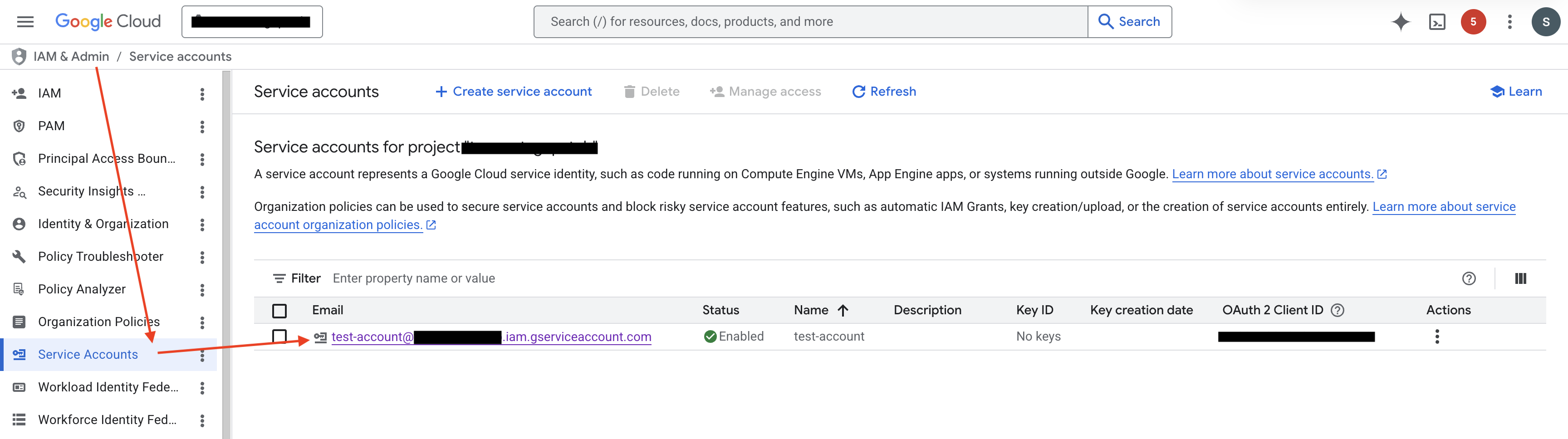 Filter and select the target service account