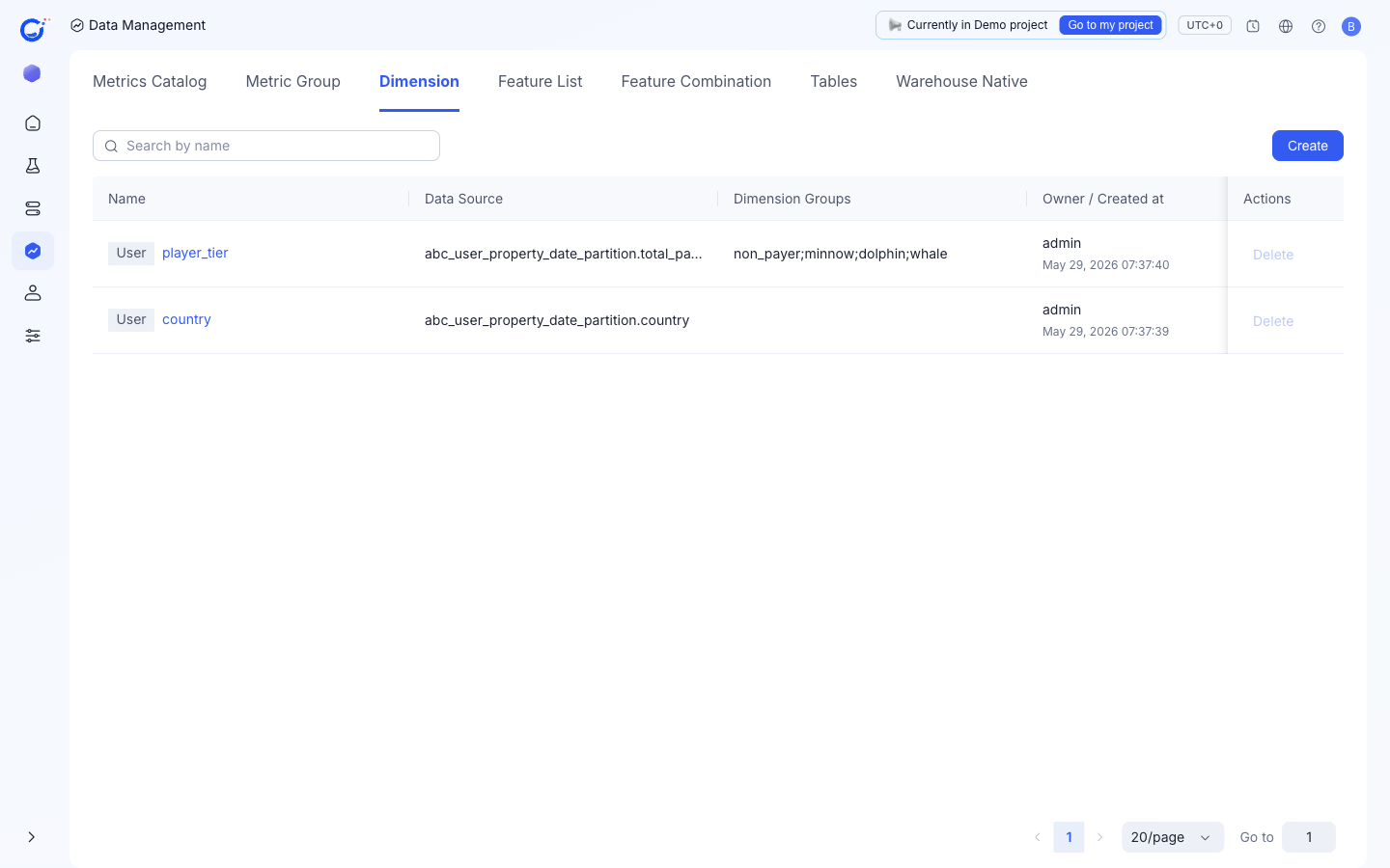Dimension list with the player_tier and country user dimensions