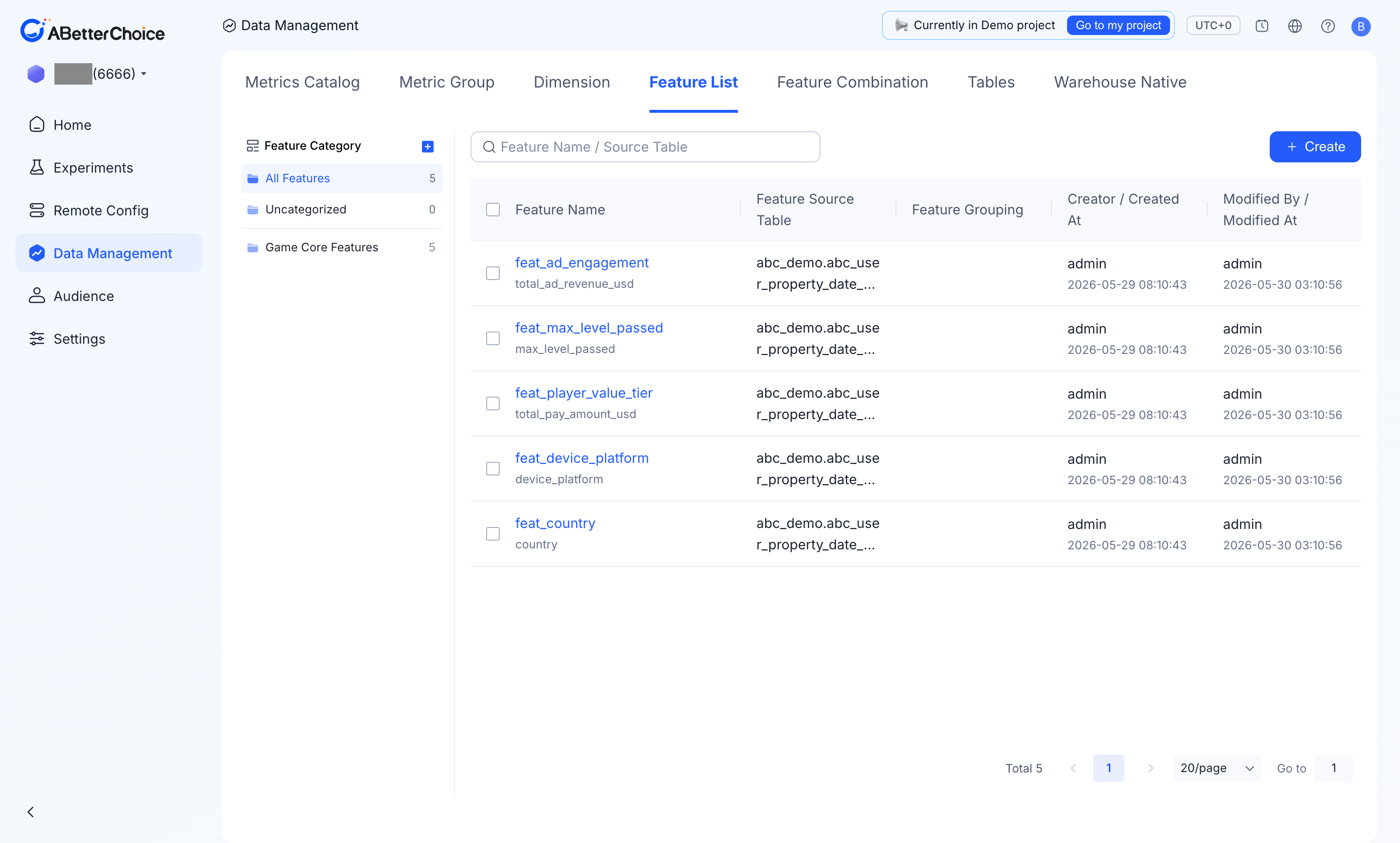 Feature List with five game features grouped under Game Core Features