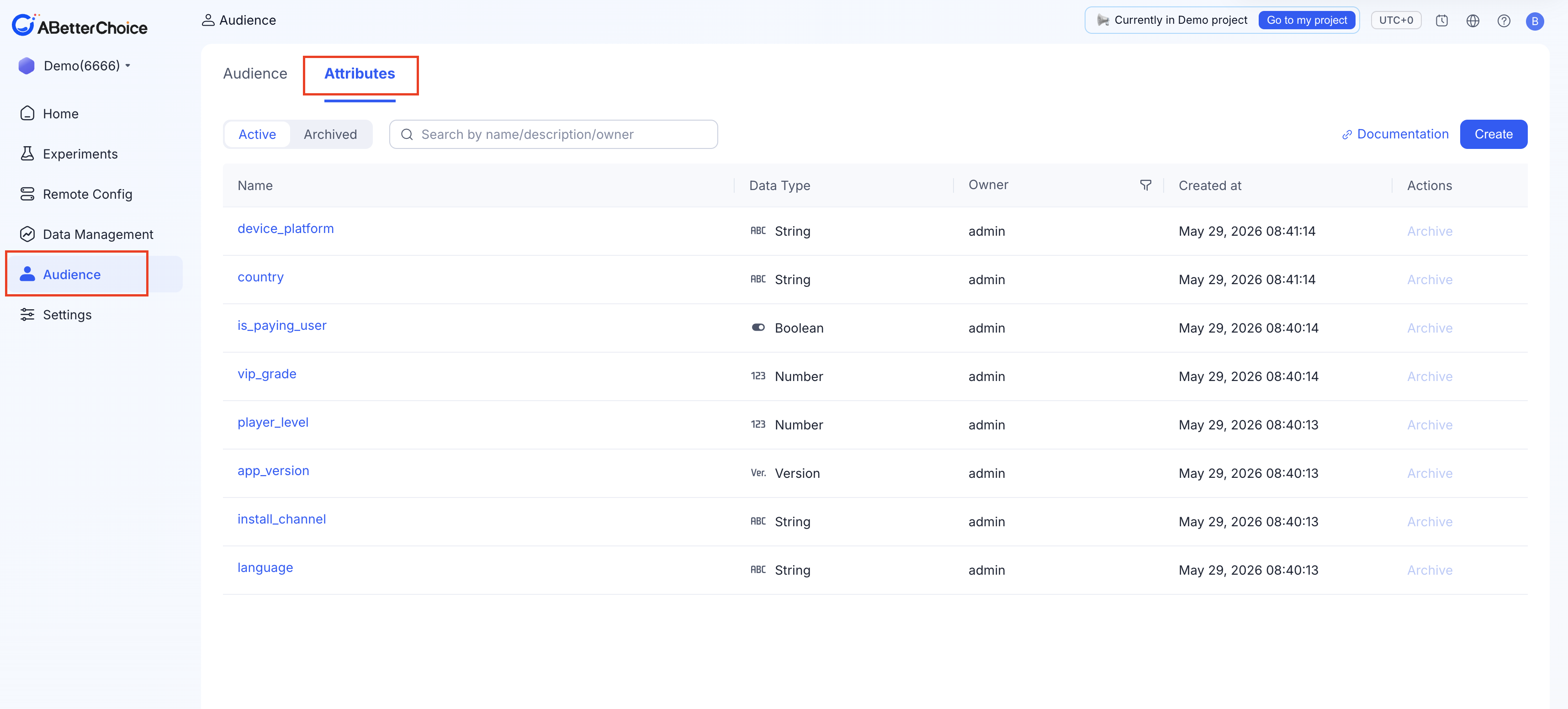 Audience attributes list
