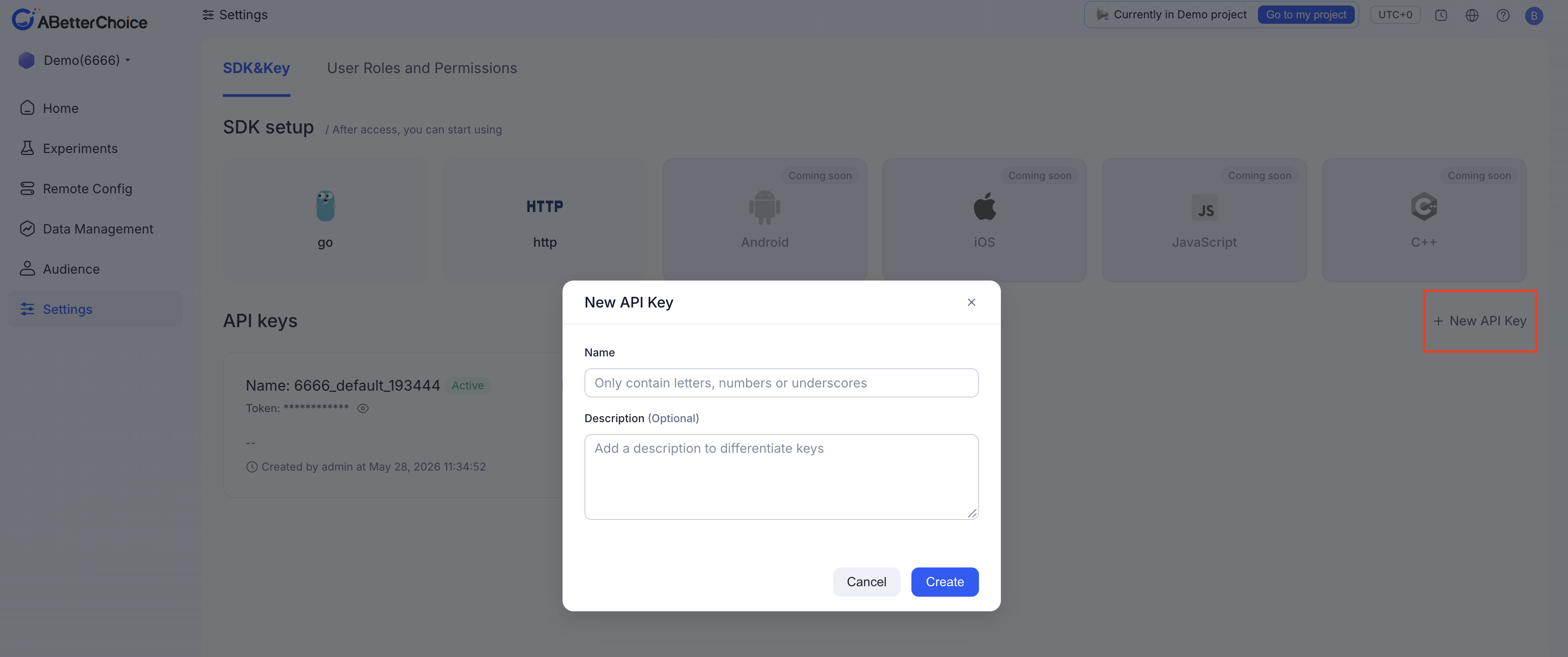 New API Key dialog with Name and Description fields