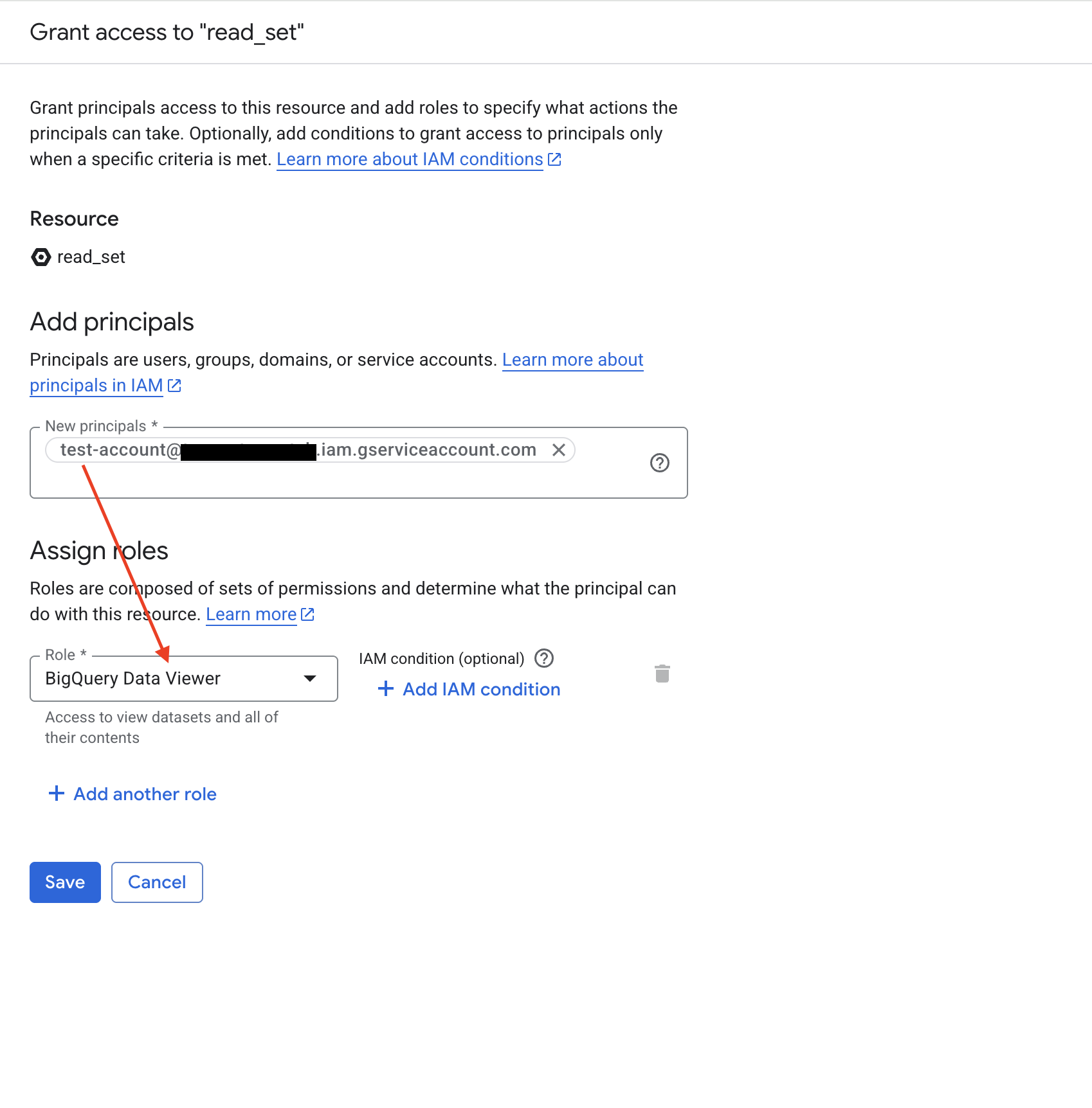 Grant the BigQuery Data Viewer role on the dataset