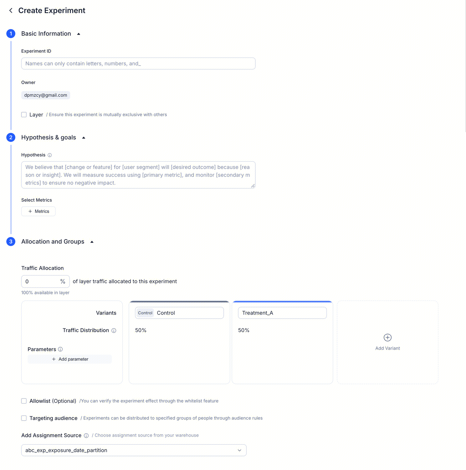 Experiment creation form