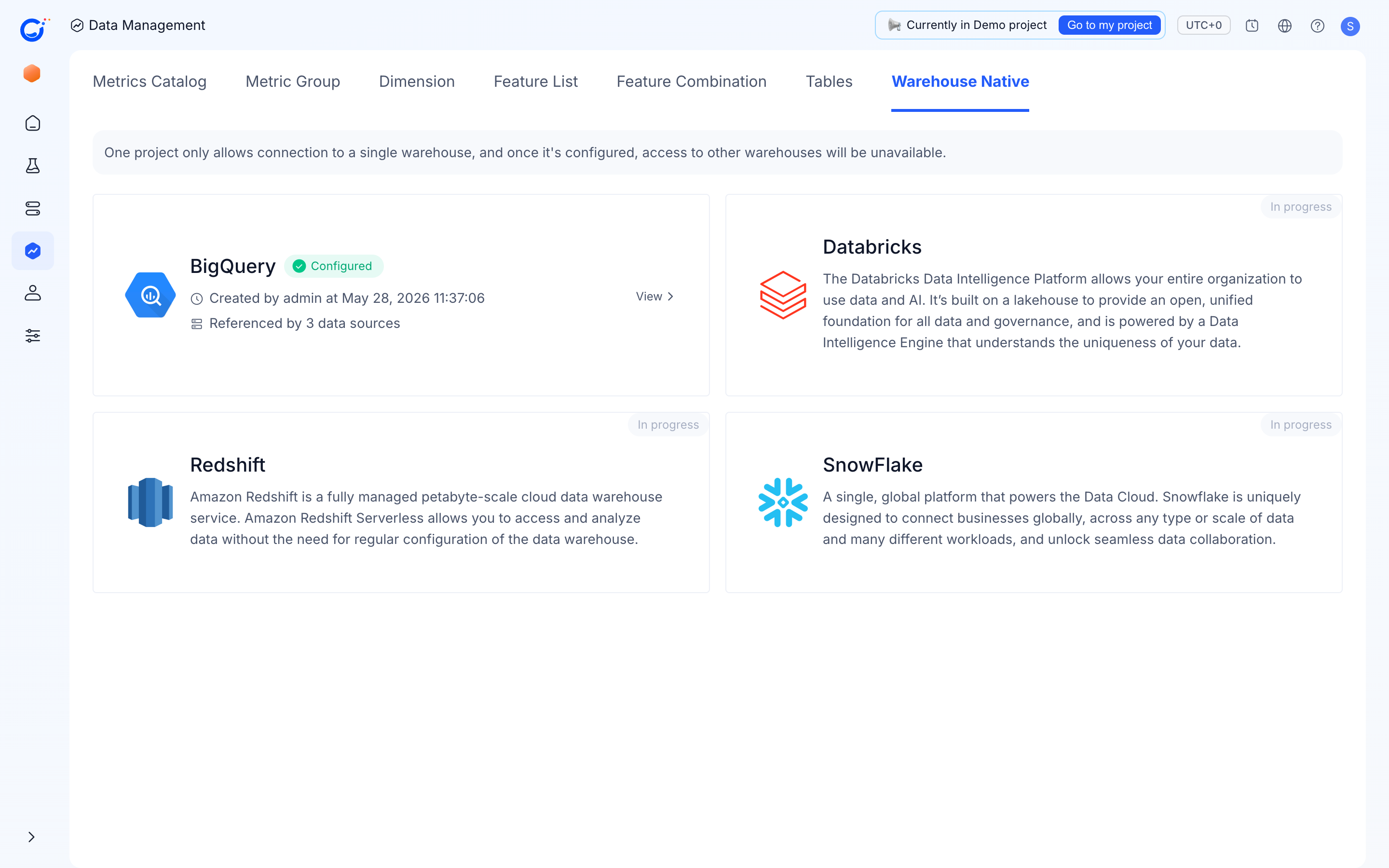Data Management Warehouse Native page showing BigQuery configured and other connectors in progress
