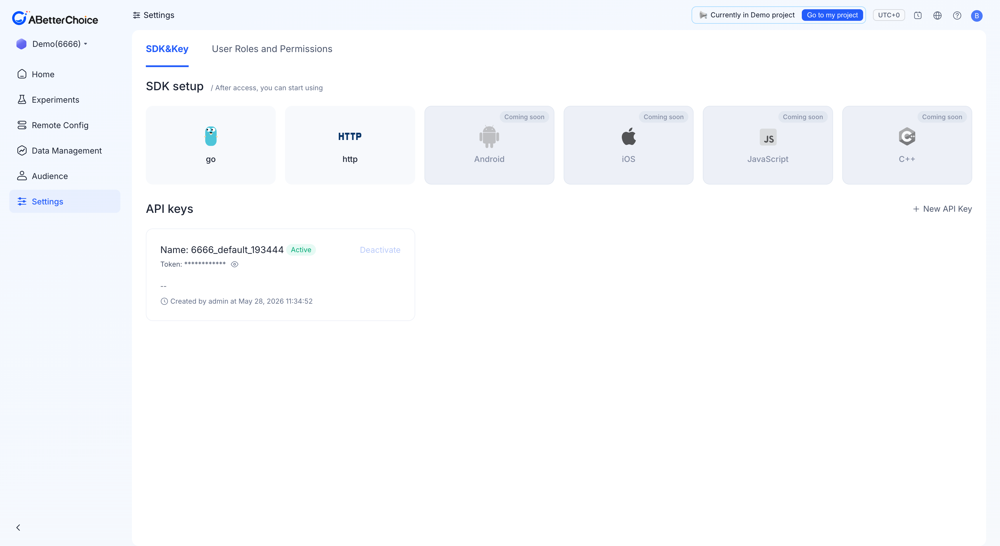 Settings → SDK&Key page where API tokens for HTTP calls live