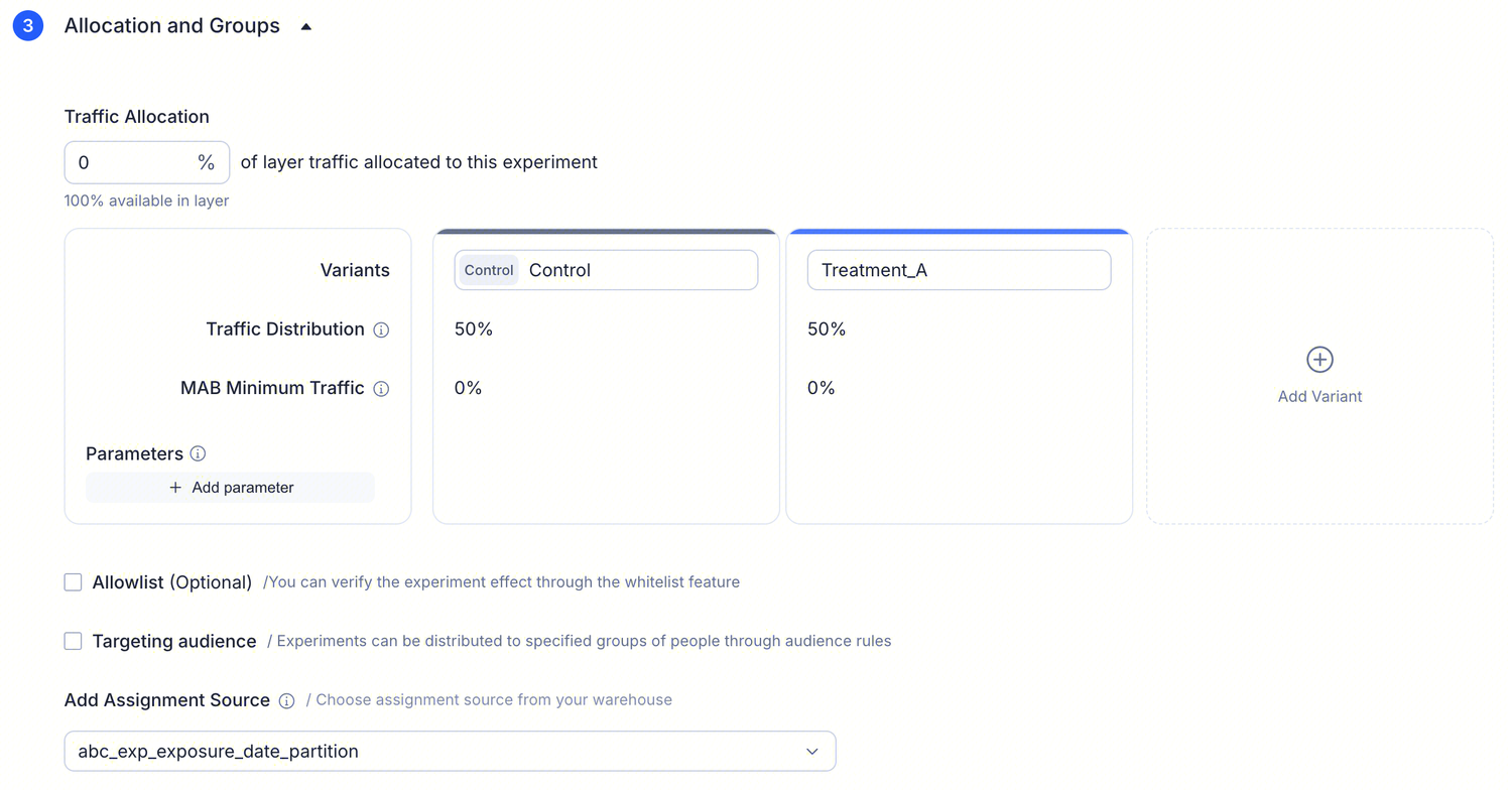 MAB experiment traffic and variants