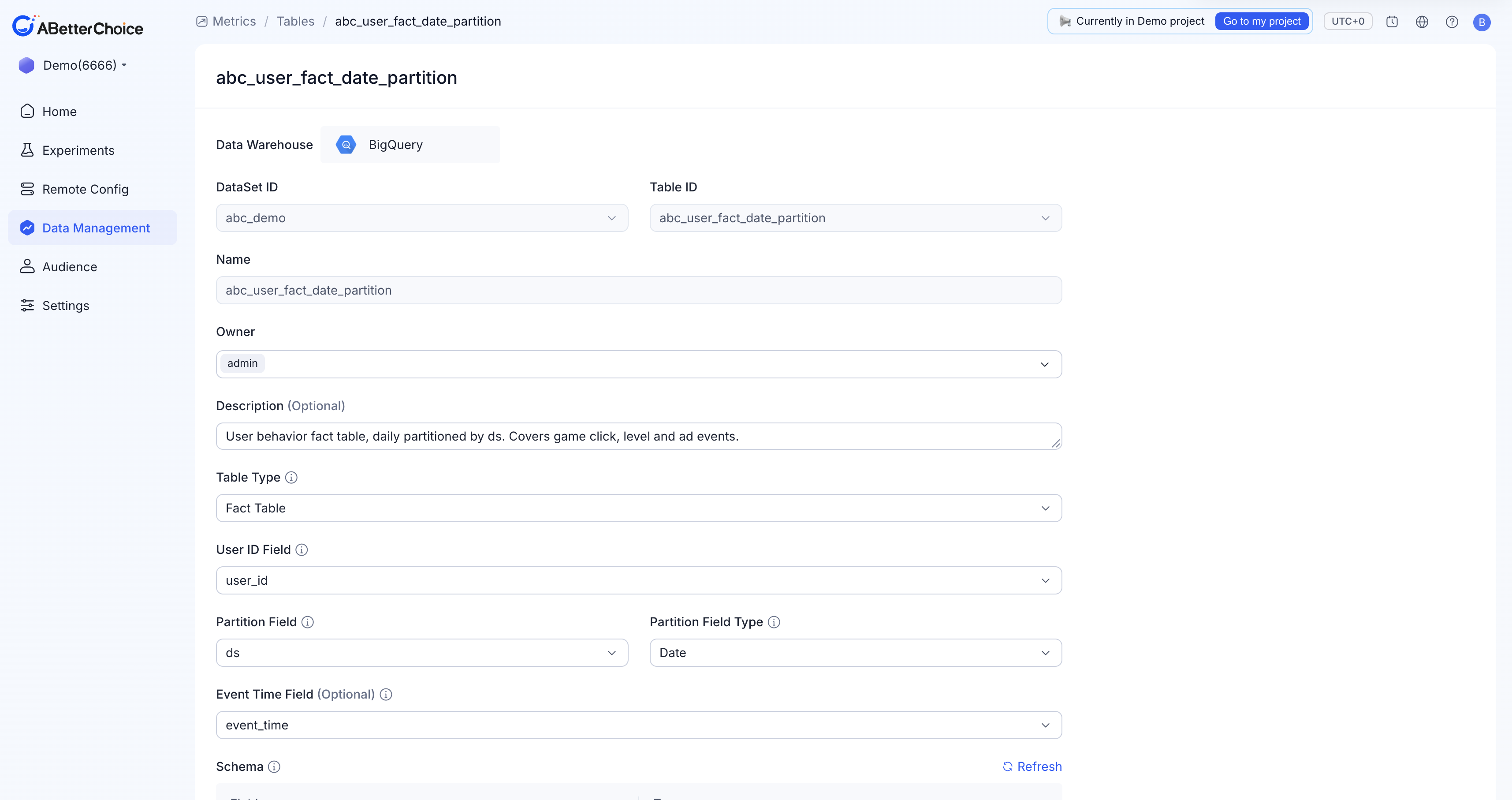 Fact Table detail page — note the Event Time Field is mapped and there is no Experiment Field
