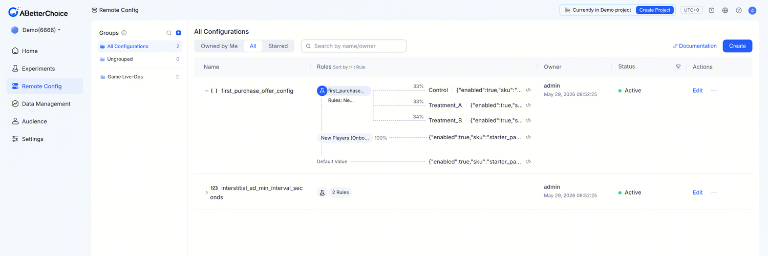 Remote Config list page