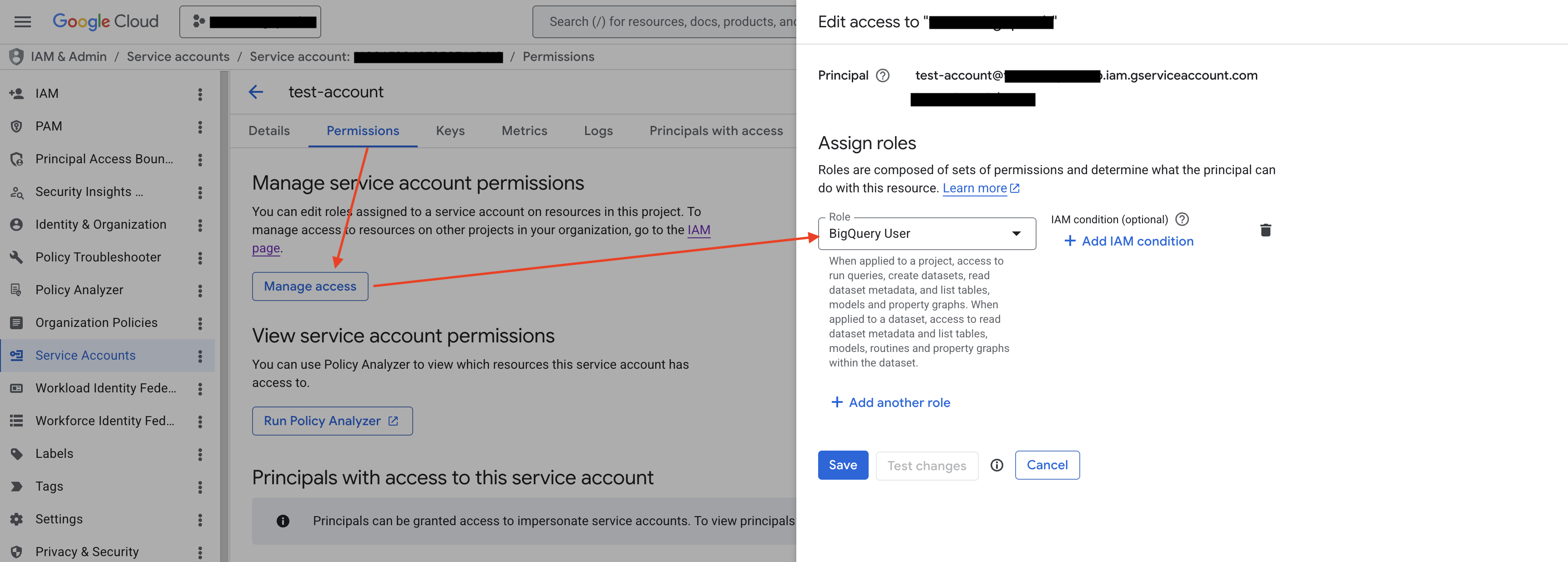 Grant the BigQuery User role to the service account