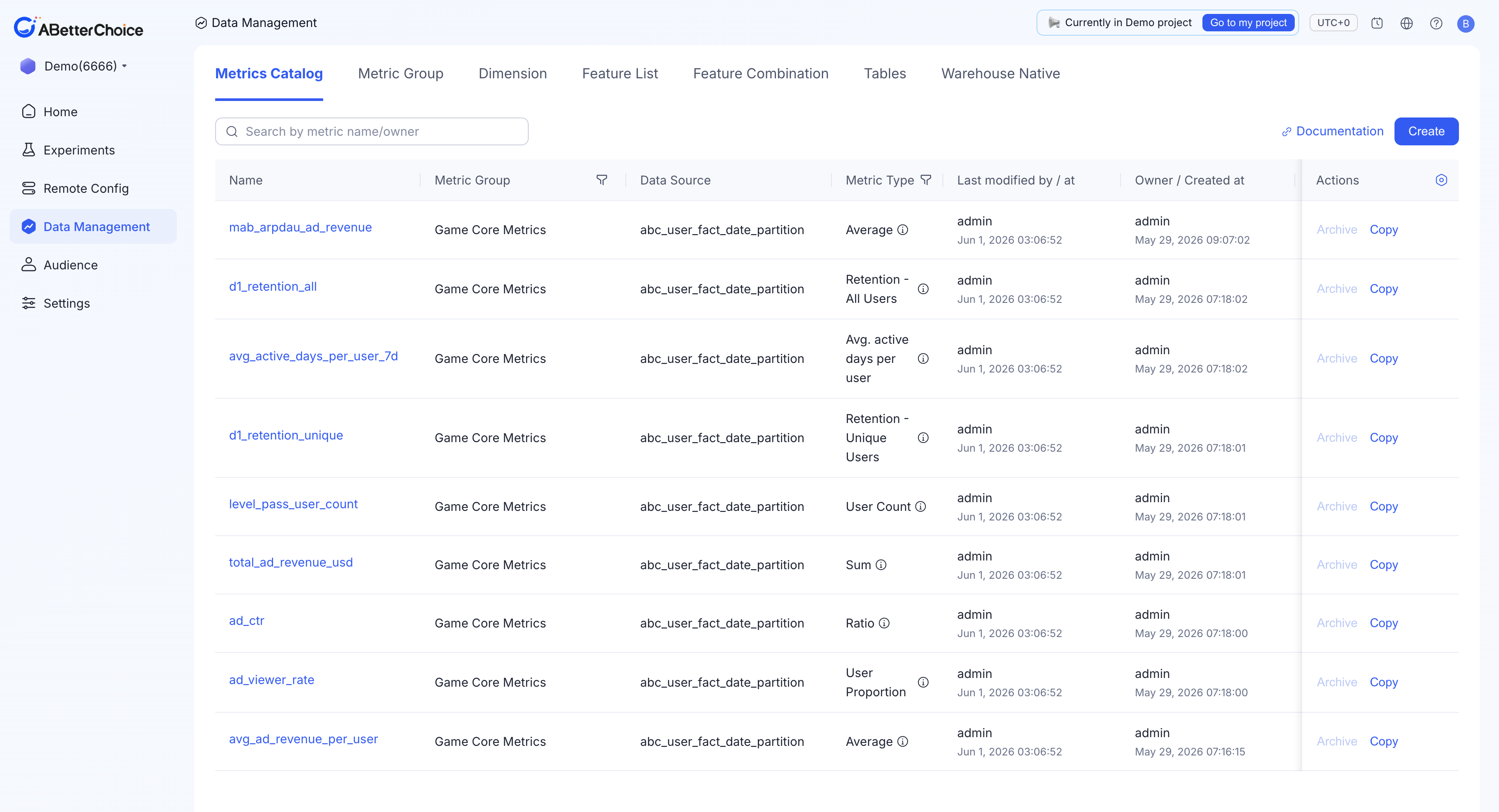 Metrics Catalog list showing the Name, Metric Group, Data Source, Metric Type, and Status columns