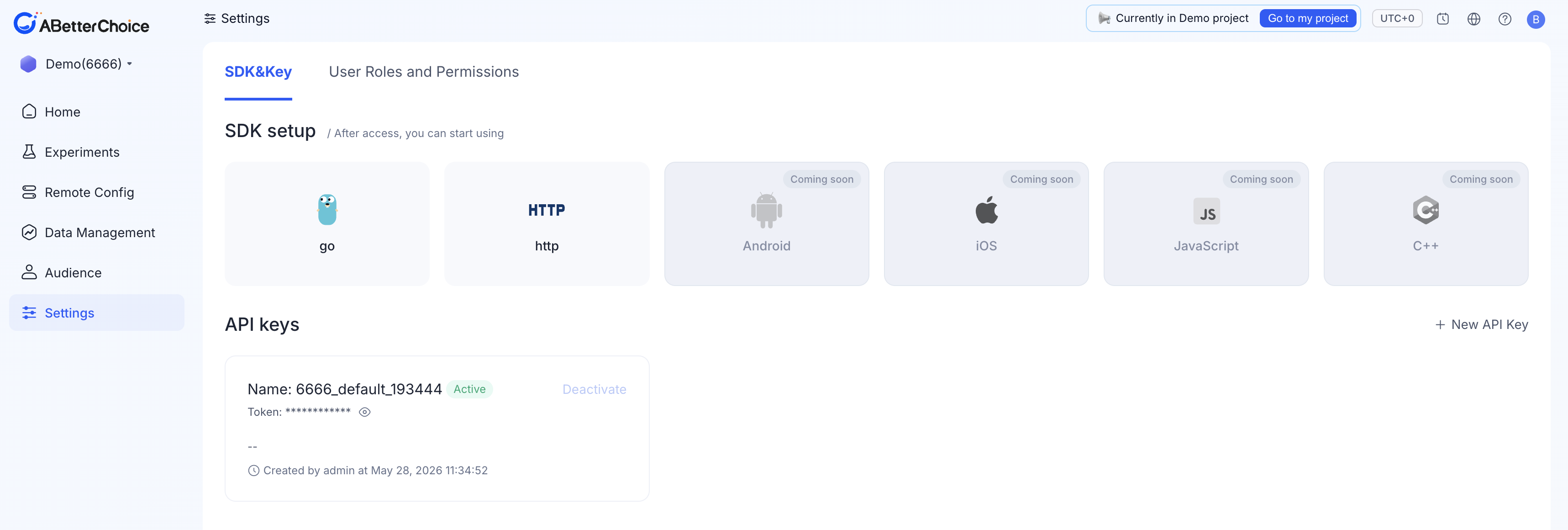 Settings → SDK&Key page with the SDK setup grid and API keys list