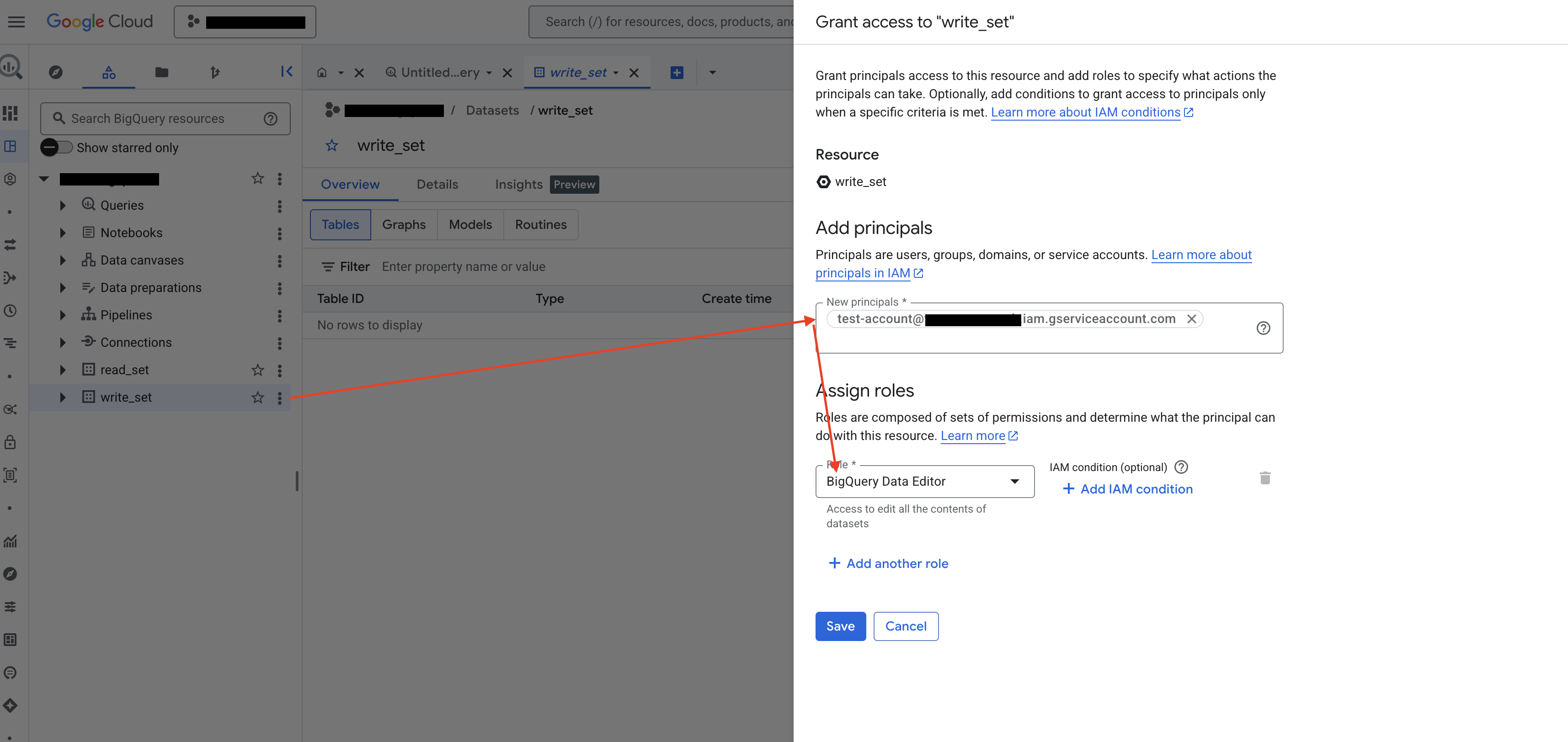 Grant the BigQuery Data Editor role on the dataset
