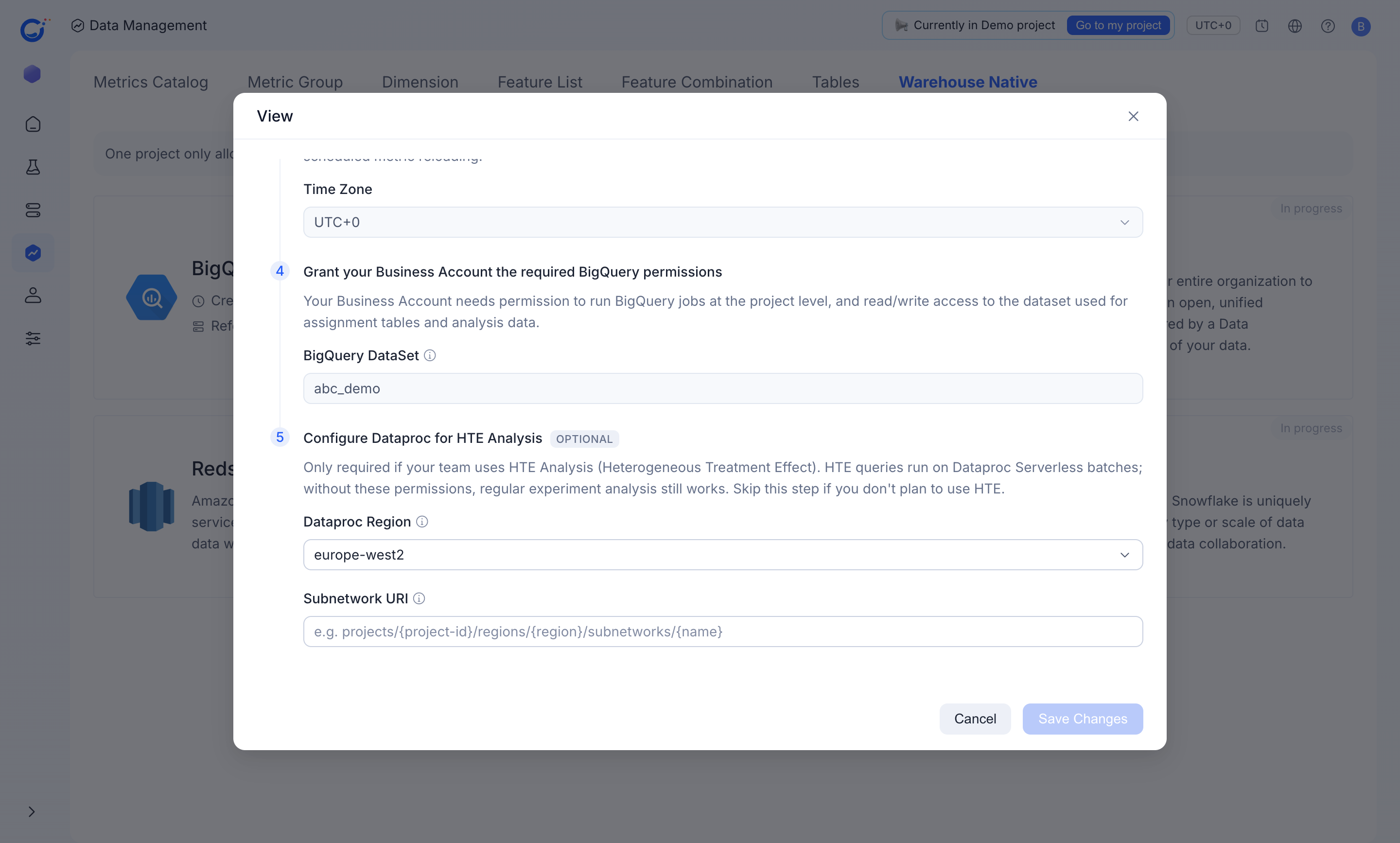 The warehouse connection sets the time zone for scheduled metric reloading and configures Dataproc Serverless for HTE Analysis