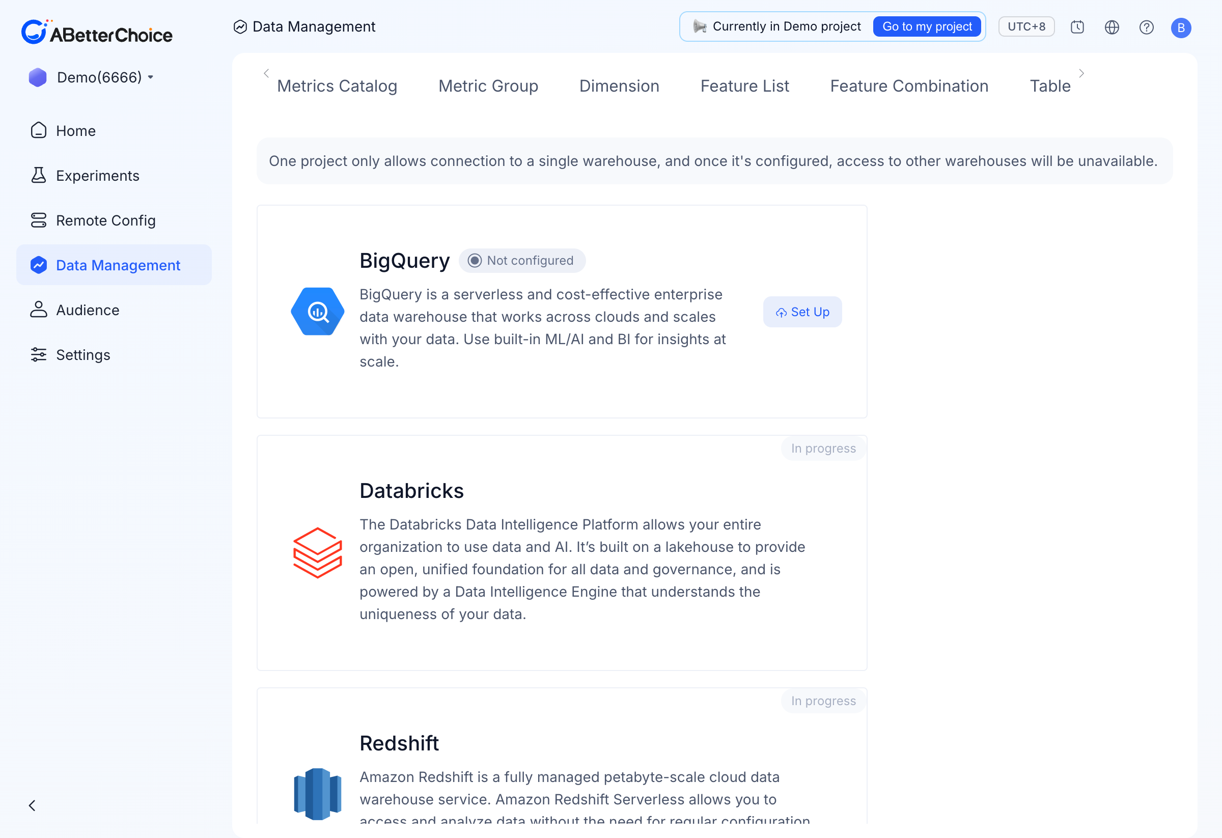 Data Management → Warehouse Native page: BigQuery is connectable, while Databricks, Redshift, and Snowflake show