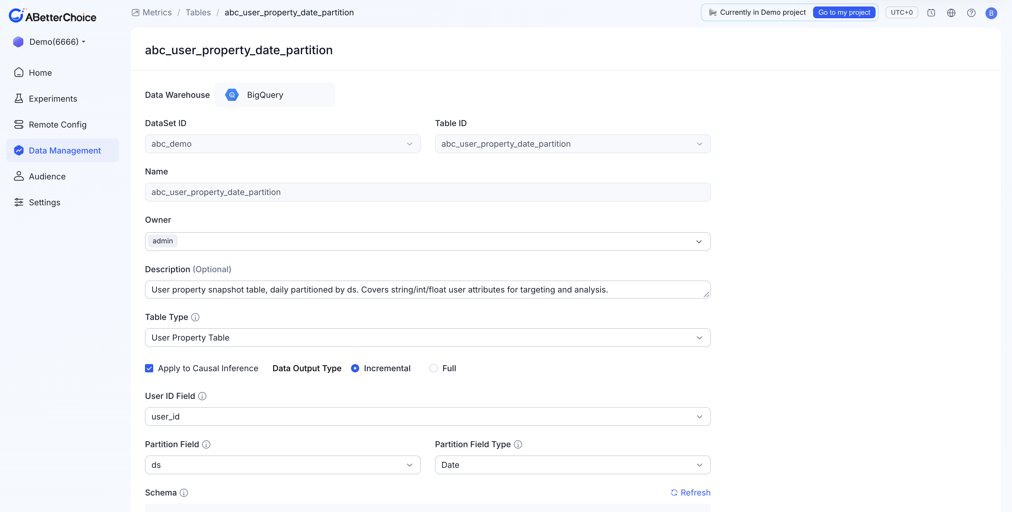 User Property Table detail page showing Apply to Causal Inference and Data Output Type